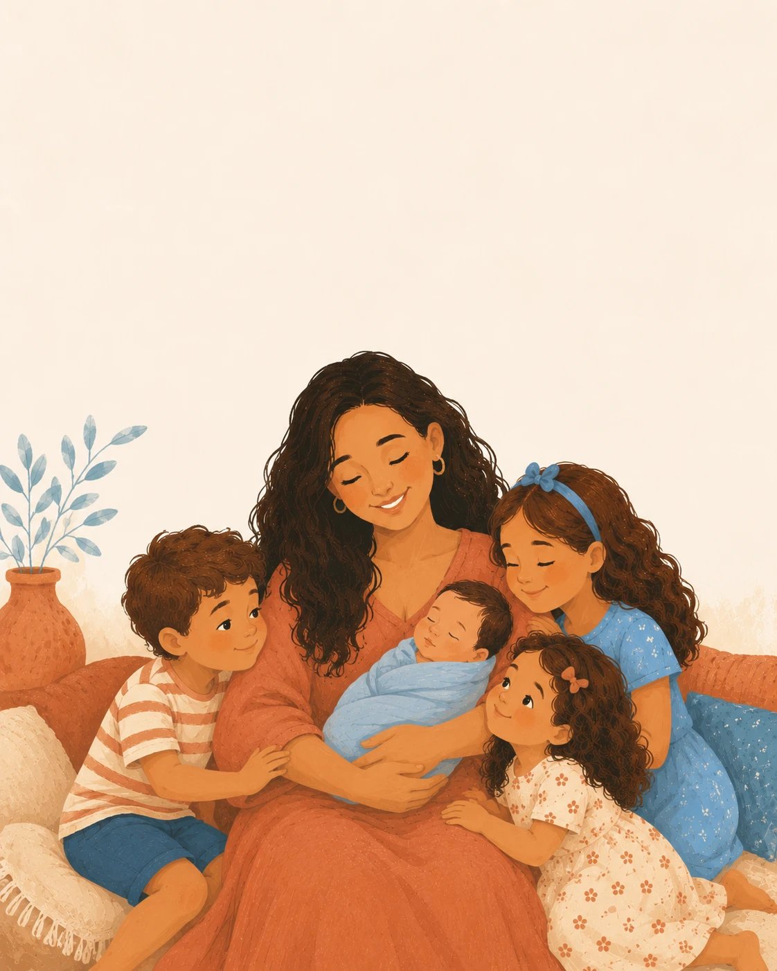 Ilustração de mãe com os quatro filhos