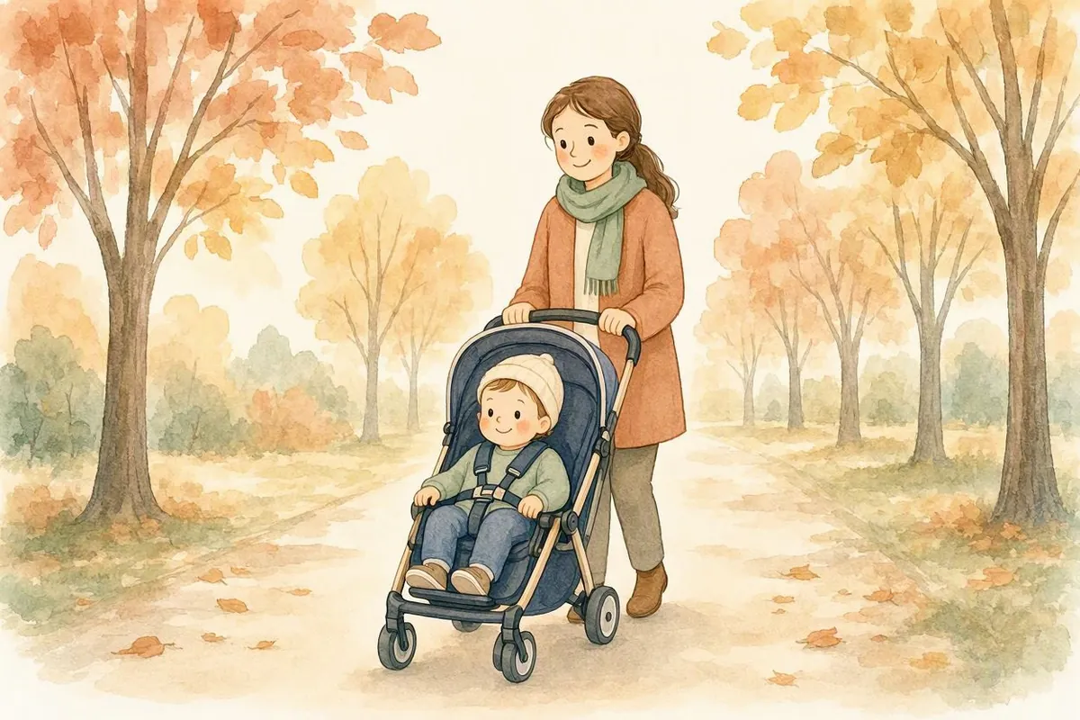 Ilustração de uma mãe empurrando um carrinho compacto no parque, com uma criança de cerca de 3 anos sentada e presa pelo cinto de cinco pontos