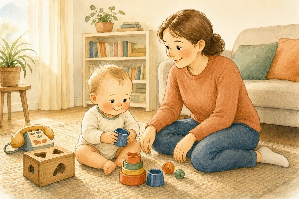 Ilustração em aquarela de um bebê de 1 ano sentado no tapete da sala empilhando potinhos coloridos, com a mãe ao lado, um balde de encaixar formas e um telefone de brinquedo no chão