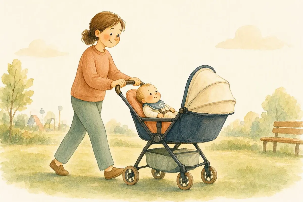 Ilustração de uma mãe empurrando um carrinho com o assento virado para ela, e o bebê preso pelo cinto olhando para a mãe