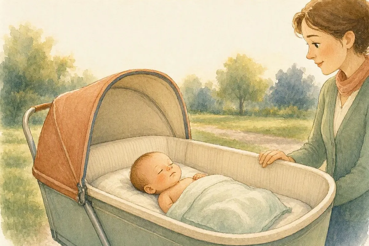 Ilustração de um recém-nascido dormindo de barriga para cima, deitado reto no moisés do carrinho, com a mãe olhando ao lado