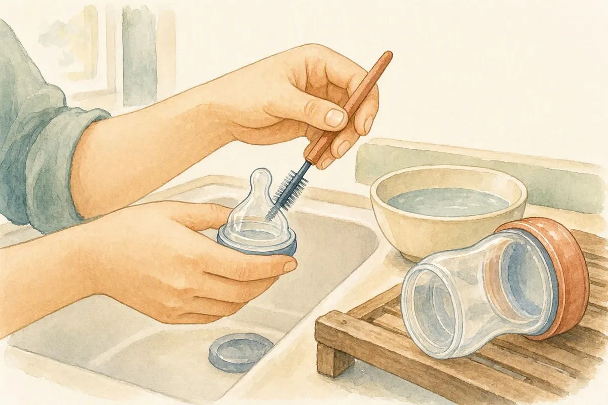 Ilustração de mãos limpando por dentro o bico de silicone da mamadeira com uma escovinha fina, ao lado de uma tigela com água morna e da mamadeira desmontada secando
