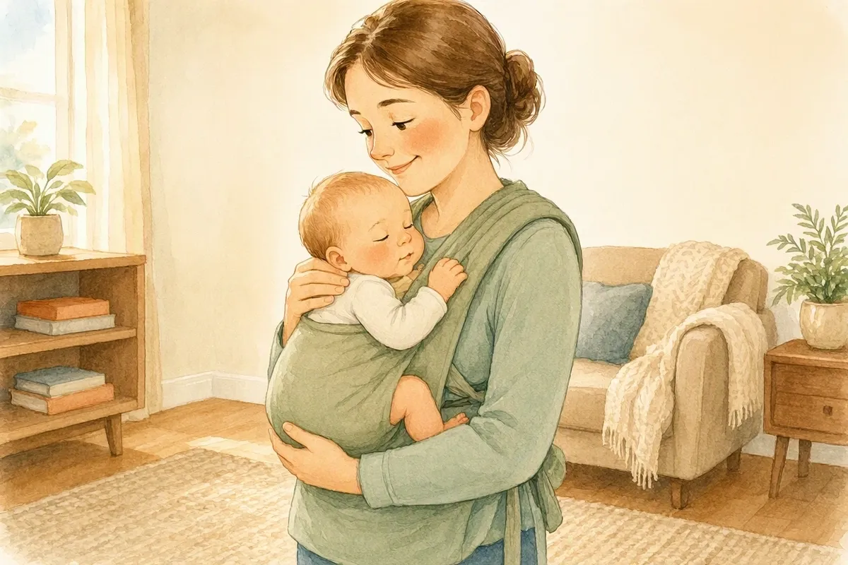 Ilustração em aquarela de uma mãe em pé na sala com o bebê recém-nascido no sling de tecido, em pé, barriga com barriga, com o rosto virado de lado e à vista e as pernas dobradas em M