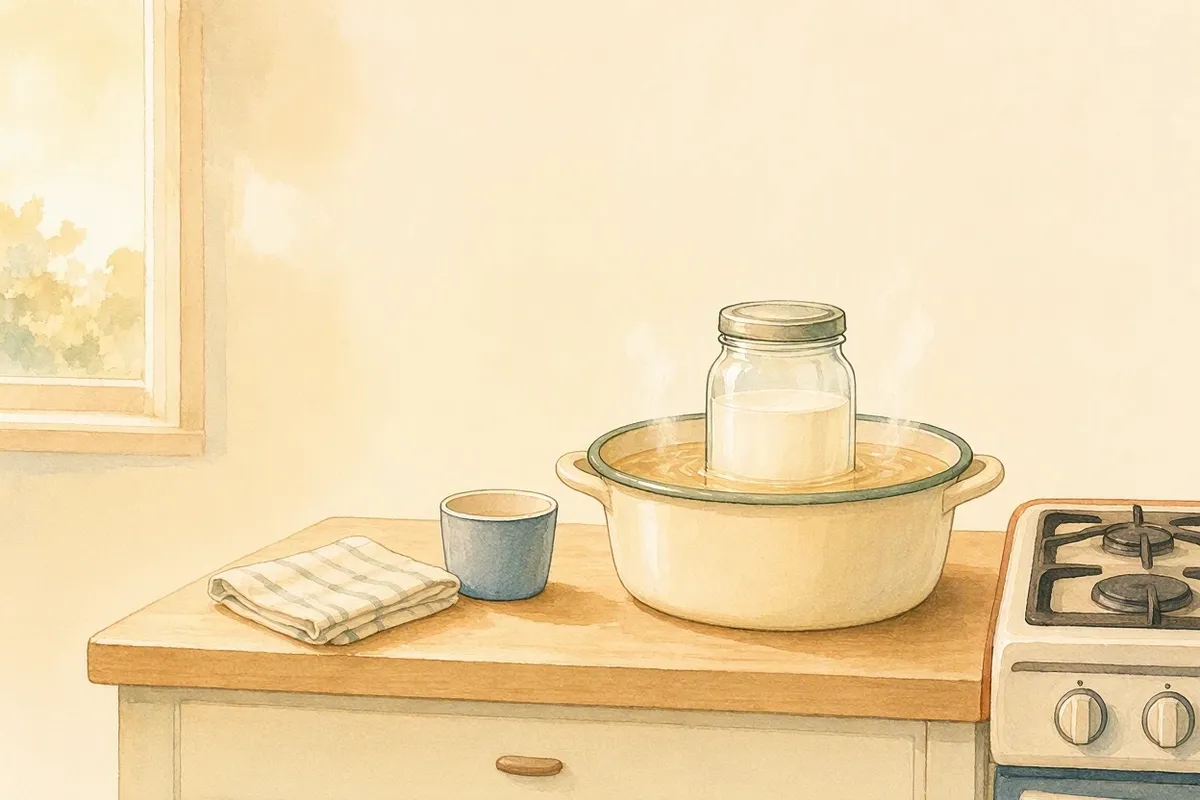 Ilustração em aquarela de um pote de vidro fechado com leite em banho-maria numa panela pequena fora do fogo, com um copinho e um pano dobrado ao lado