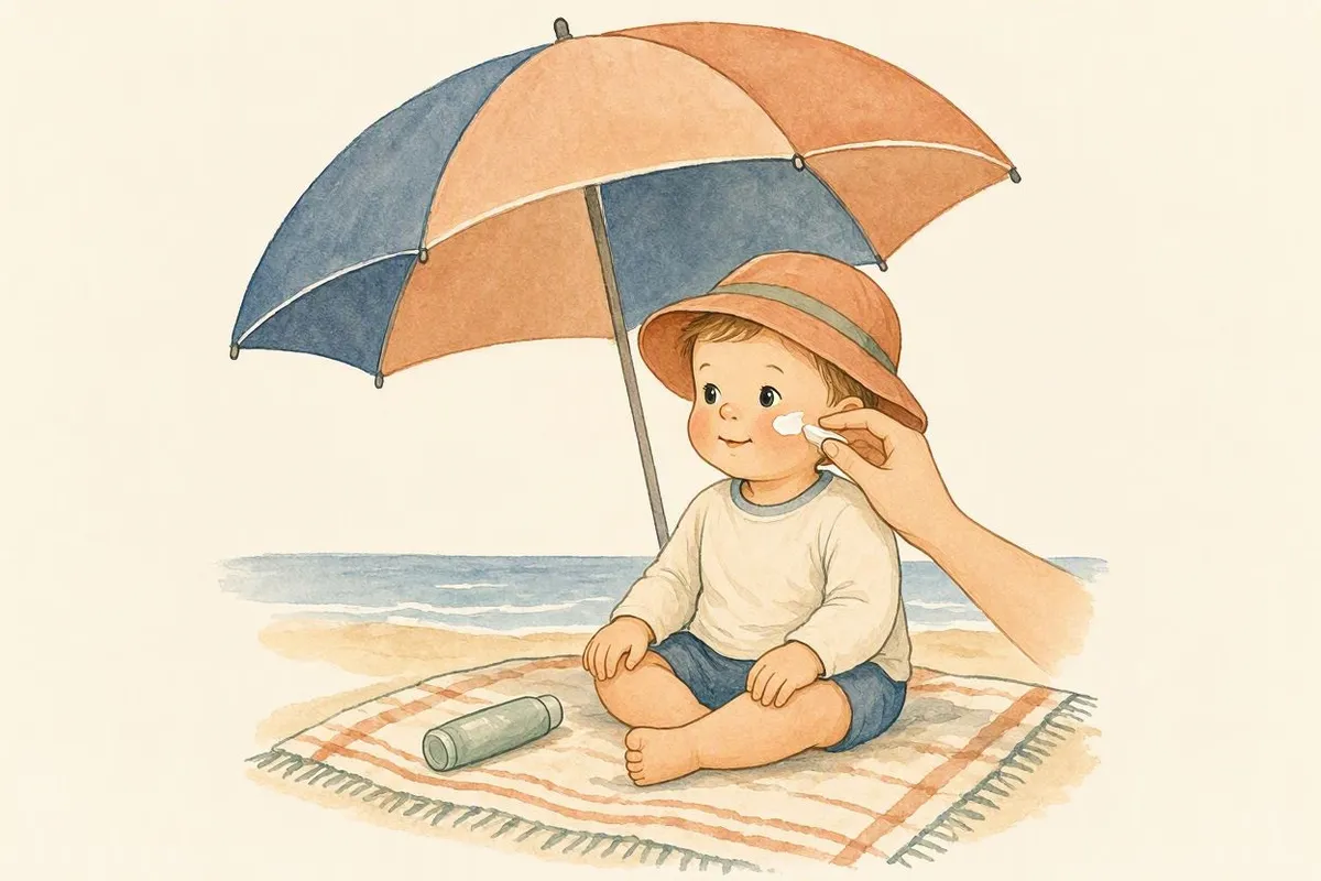 Ilustração em aquarela de um bebê de chapéu e manga comprida sentado na sombra do guarda-sol, enquanto um adulto passa protetor solar na bochecha dele