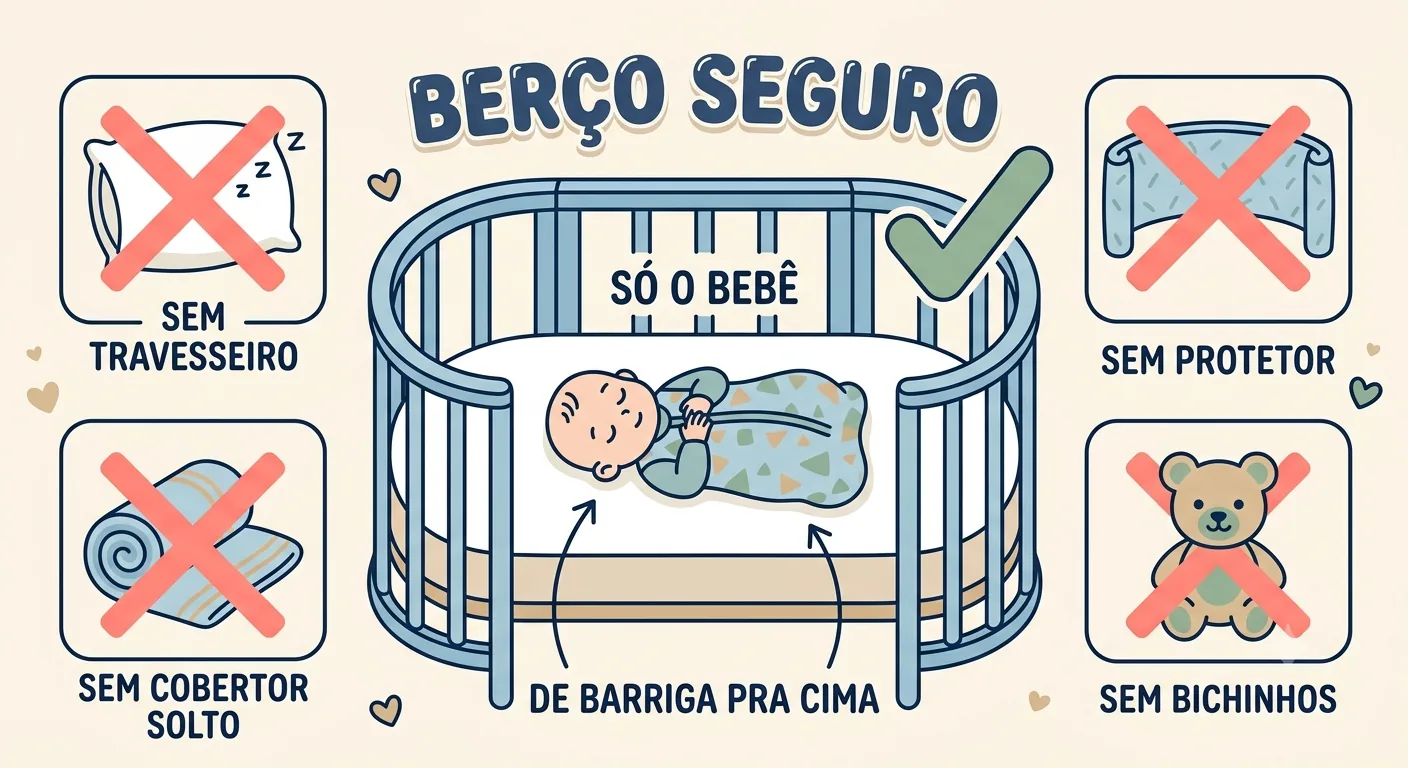 Berço seguro: só o bebê deitado de barriga para cima no colchão firme, sem travesseiro, sem protetor, sem cobertor solto e sem bichinhos