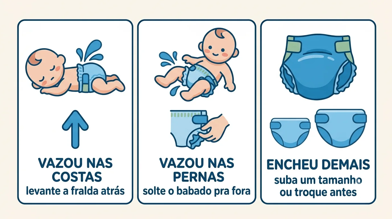 Fralda vazando: nas costas levante a fralda atrás, nas pernas solte o babado para fora, se enche demais suba um tamanho
