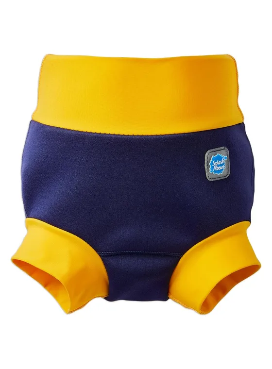 Fralda de piscina reutilizável Splash About Happy Nappy de neoprene azul-marinho com cintura e pernas amarelas