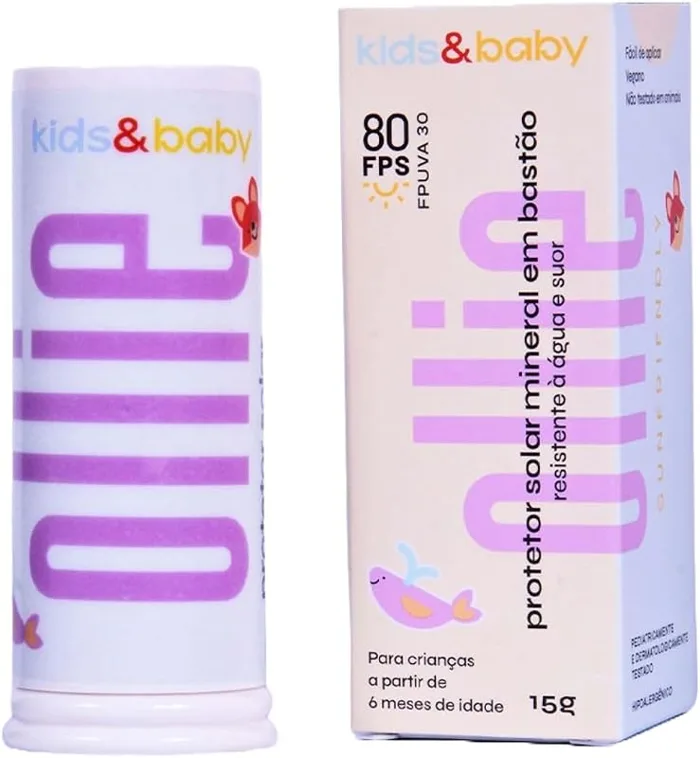 Protetor solar mineral em bastão Ollie Kids & Baby FPS 80 com a caixa